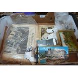 A box of postcards, cigarette cards and ephemera