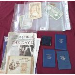 A collection of banknotes, Royal ephemera, coins and an album of Wills cigarette cards Radio