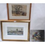 Two watercolour drawings and an oil still life