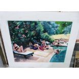 MANNER OF DAVID HOCKNEY Bathers by a swimming pool. Oil on board. 29' x 37'