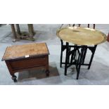 A brass tray-top table on folding base, together with an oak box