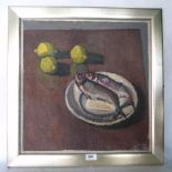 ISLWYN WATKINS. WELSH 1938-2018 Still Life with Lemons and Fish 1956/57. Inscribed verso. Oil on