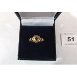 A Victorian sapphire and split pearl ring. In gold marked 18. 2.1g gross. Size N