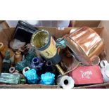 Two boxes of metalware ceramics and sundries