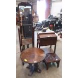 An oak cheval glass, a work table, a stool and an occasional table