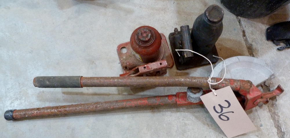 Two bottle jacks, a pipe bender & two pipe cutters