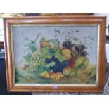 J.HINDLEY. BRITISH 20TH CENTURY Still life of fruit. Signed. Oil on board. 20' x 28' Maple frame