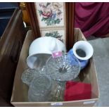 A chamberpot and glassware with a Waterford seahorse hand cooler and a tiled tray