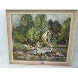 F.S. FLORENCE. BRITISH 20TH CENTURY River scene with water mill. Signed and dated 1968. Oil on