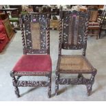 Two Carolean carved walnut barleytwist chairs