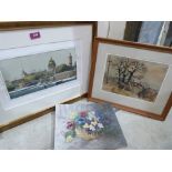 Two watercolour drawings and an oil still life