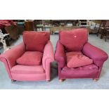 Two Howard style upholstered club armchairs. For renovation