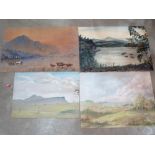 Four unframed watercolour or pastel landscape drawings