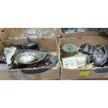 Three boxes of wood, plate, metalware and sundries