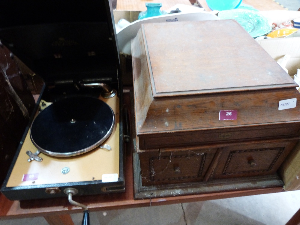 A Pathe No 14 gramophone and a Decca 10 picnic gramophone