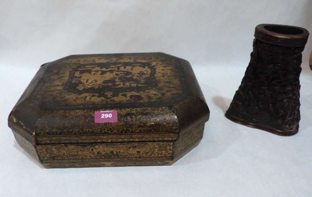 An oriental composite brush pot together with Japanese lacquer and gilded box