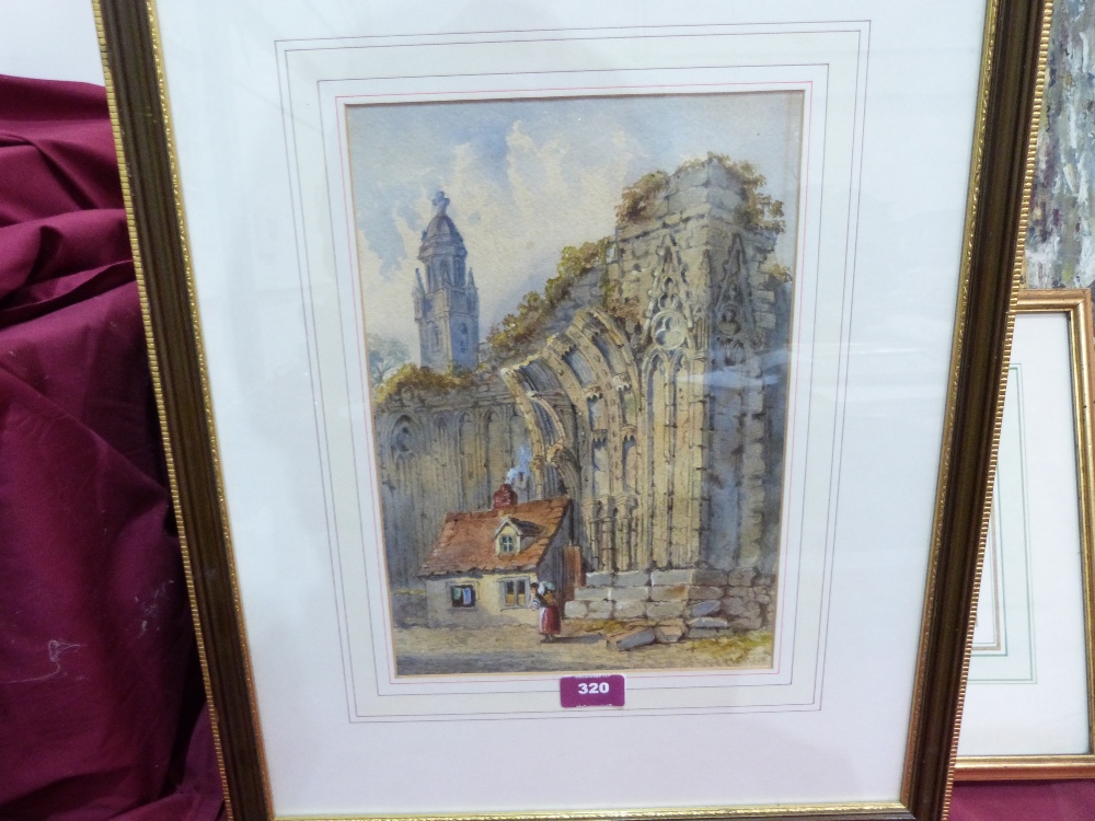 ENGLISH SCHOOL. 19TH CENTURY Abbey Ruins with cottage and figure. Signed initials S.P. Watercolour