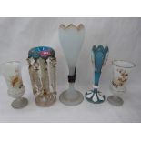A blue glass lustre, a Bohemian blue glass and overlaid vase, a frosted glass vase etc.