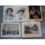 Three pencil drawings and two prints