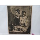 A monochrome print, man and woman sitting at a table. 15' x 12½'. Russian school. Unframed
