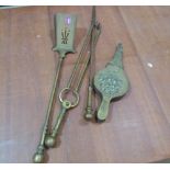 Three Victorian brass fire irons and a pair of bellows