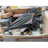 Two boxes of wood, metalware and sundries