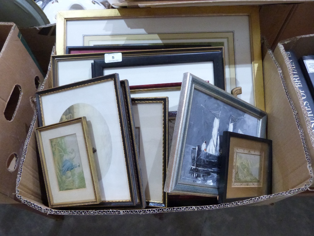 Two watercolour drawings, a framed share certificate, a strut mirror and other pictures