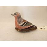 An 18th century South Staffordshire Bliston enamel bonbonniere C.1760, in the form of a finch, the