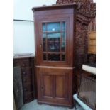 A 19th century mahogany standing corner cupboard enclosed by a glazed door over a panel door. 83'