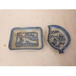 A Chinese blue and white leaf form dish, 8' long and a Chinese rectilinear blue and white deep dish.