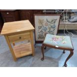 An oak bedside table, an embroidered firescreen and a tapestry seat dressing table stool