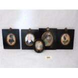 Four Regency ebonised miniature frames, two with silhouettes, one with portrait and another with a