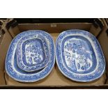 Three blue and white Willow pattern meat plates
