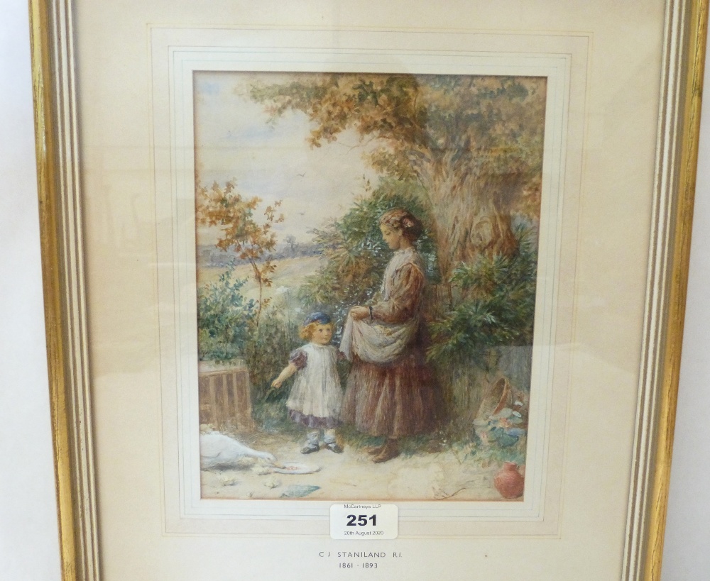 CHARLES JOSEPH STANILAND, RI, BRITISH 1838-1916. Mother and child in a cottage garden. signed and
