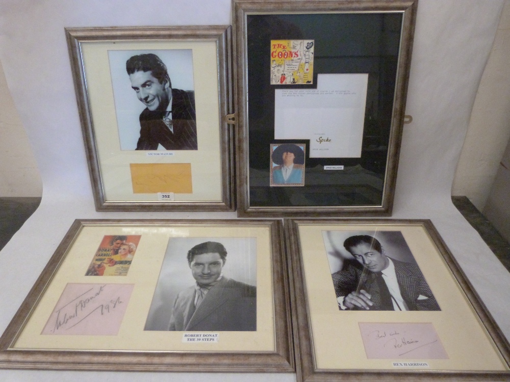 Robert Donat; Spike Milligan; Rex Harrison and Victor Mature. Four autographed images. Framed