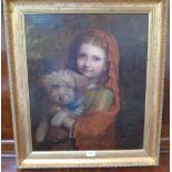 ENGLISH SCHOOL. 19TH CENTURY Study of a young girl with a dog. Oil on canvas 24' x 20' Canvas tear