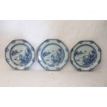 Three 18th century Chinese octagonal blue and white porcelain plates, each painted with a landscape,