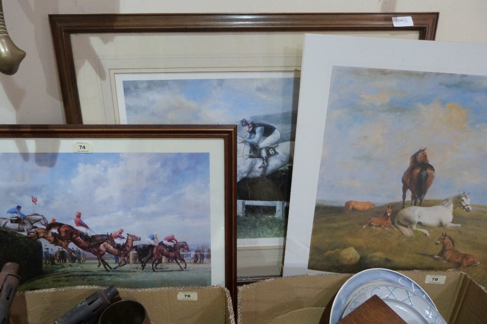 Two framed equestrian prints and another unframed