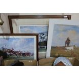 Two framed equestrian prints and another unframed