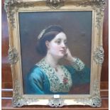 ENGLISH SCHOOL. 19TH CENTURY Portrait of a young lady in a lace trimmed blue satin dress. Oil on