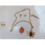 A 9ct coral pendant; a pair of pearl earrings, a diamond set brooch and a maple leaf pendant, the