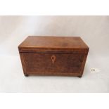 A Regency yew wood, line inlaid and banded two division tea caddy on gilt brass ball feet. 10' wide