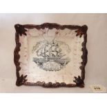 A 19th century Sunderland copper and pink lustre plaque, decorated with a ship and verse - 'May
