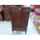 A 19th century oak corner cupboard enclosed by an inlaid panel door. 29' wide