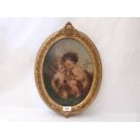 ITALIAN SCHOOL 19th CENTURY. Cupid and companion burning a love letter. Oil on board 13'X 10' oval.