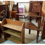 An oak three tier bowfronted corner whatnot and an open bookcase