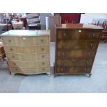 A serpentine chest of six drawers and a walnut veneered chest of drawers