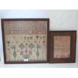 Two 19th century needlework samplers each with alphanumeric sequences, one worked with birds and