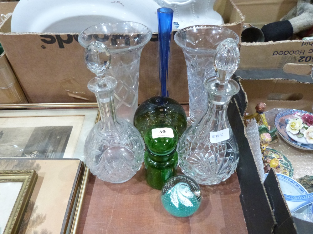 Two decanters, two cut glass trumpet vases and other glass