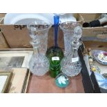 Two decanters, two cut glass trumpet vases and other glass